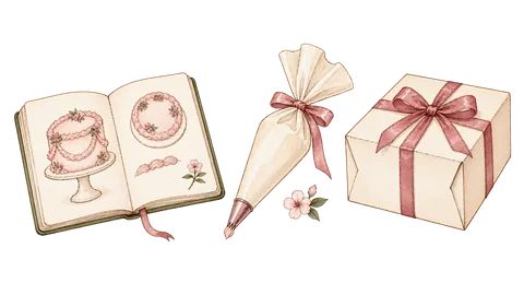 Watercolor illustration of a cake sketch, piping bag and ribboned cake box