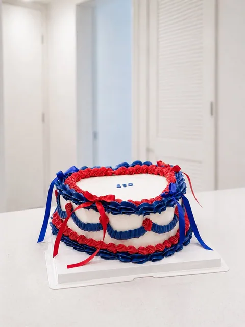 White cake with red and blue piped trim and rope-like border details.