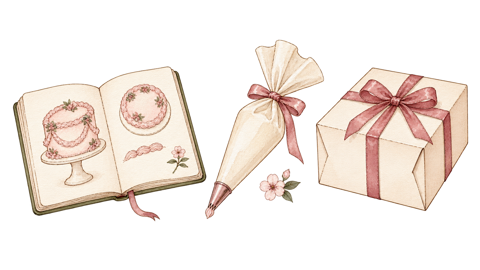 Watercolor illustration of a cake sketch, piping bag and ribboned cake box